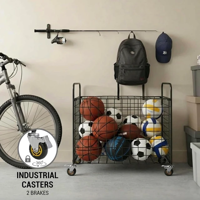 Alt view image 3 of 7 - Professional Metal Multi-Sport Ball Storage Cart with Jumbo Industrial Wheels Commercial Portable Equipment Cage for Basketball, Football, Soccer & Volleyball