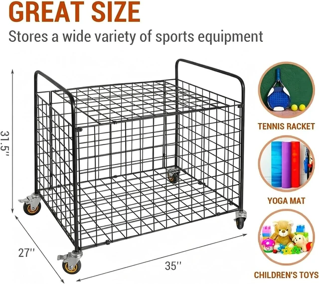 Alt view image 4 of 7 - Professional Metal Multi-Sport Ball Storage Cart with Jumbo Industrial Wheels Commercial Portable Equipment Cage for Basketball, Football, Soccer & Volleyball
