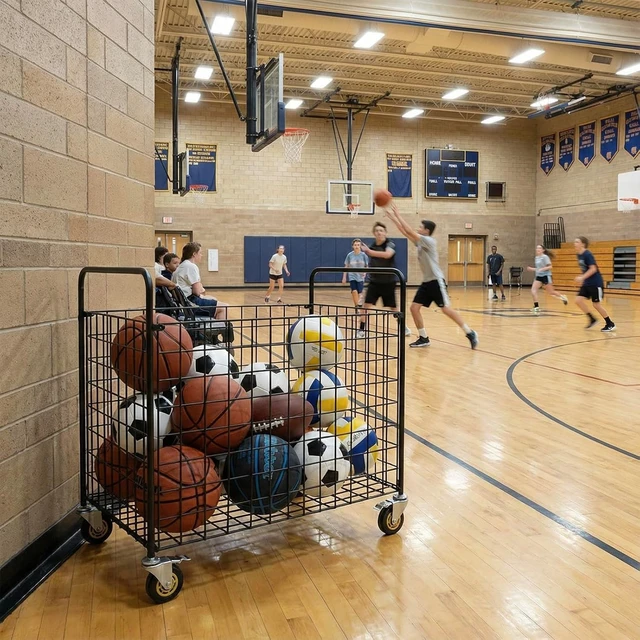 Alt view image 7 of 7 - Professional Metal Multi-Sport Ball Storage Cart with Jumbo Industrial Wheels Commercial Portable Equipment Cage for Basketball, Football, Soccer & Volleyball
