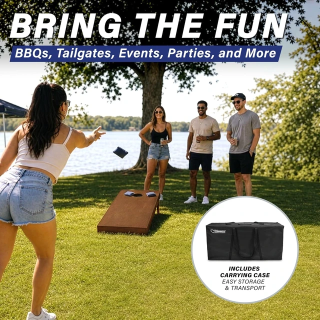 Alt view image 5 of 6 - Regulation Size 4 ft x 2 ft Wooden Cornhole Board Set, Dark Brown Finish Includes Carrying Case