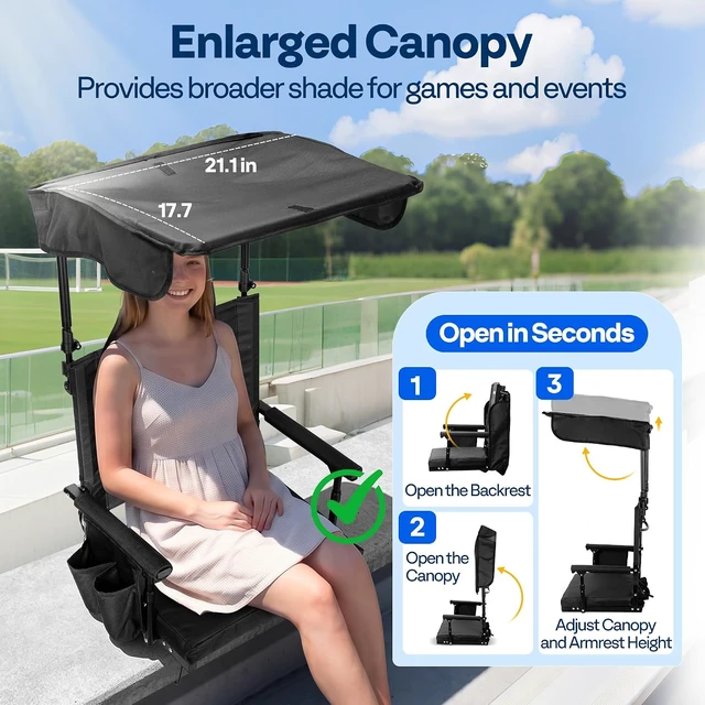 Alt view image 4 of 7 - Stadium Seat with Back Support & Sunshade Canopy for Sport Events