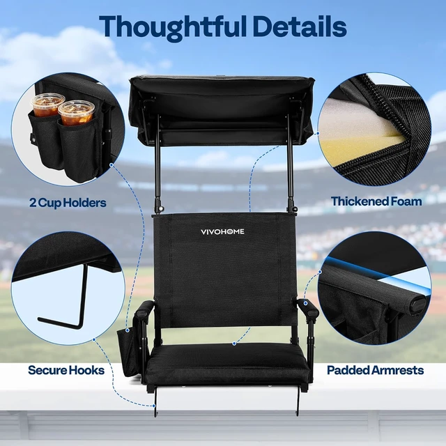 Alt view image 6 of 7 - Stadium Seat with Back Support & Sunshade Canopy for Sport Events