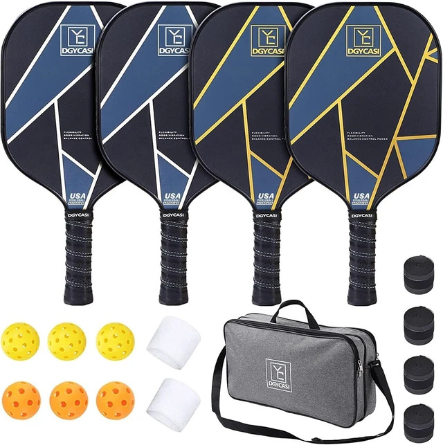 Main image of USAPA Approved Pickleball Paddle Set of 4, Carbon Fiber Rackets with 3 Outdoor Balls, 3 Indoor Balls, 4 Replacement Grips & 1 Bag for Women and Men