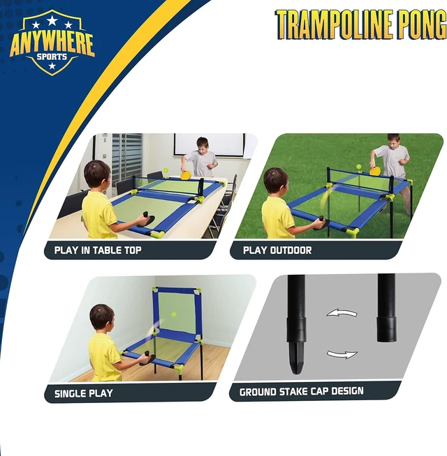Alt view image 4 of 7 - Anywhere Sports Portable Trampoline Ping Pong Table Tennis Game for Indoor/Outdoor Use Includes Two Paddles, Six Balls, Storage Bag & Compact Size for Kids