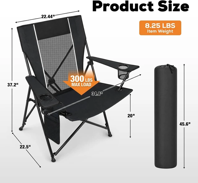 Alt view image 3 of 7 - Heavy Duty Folding Camping Chair for Adults with Dual Cup Holders, Side Pocket & Carry Bag Portable Outdoor Sports Chair for Lawn, Beach, Fishing, Picnic & Tailgating, Black