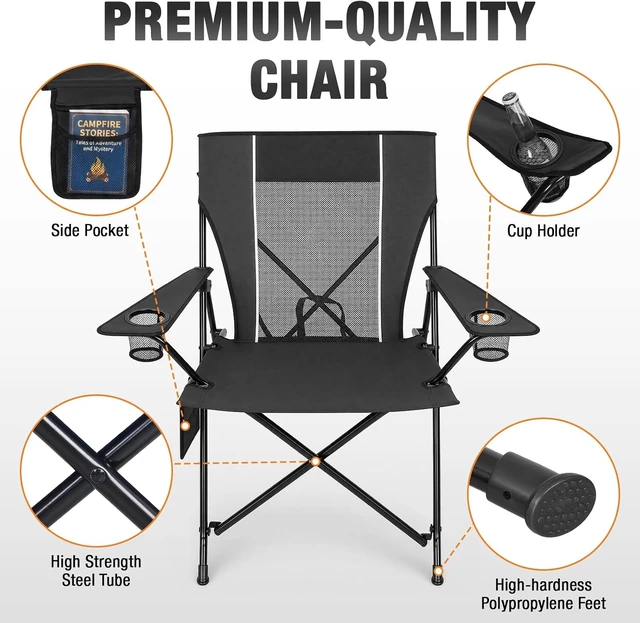 Alt view image 4 of 7 - Heavy Duty Folding Camping Chair for Adults with Dual Cup Holders, Side Pocket & Carry Bag Portable Outdoor Sports Chair for Lawn, Beach, Fishing, Picnic & Tailgating, Black