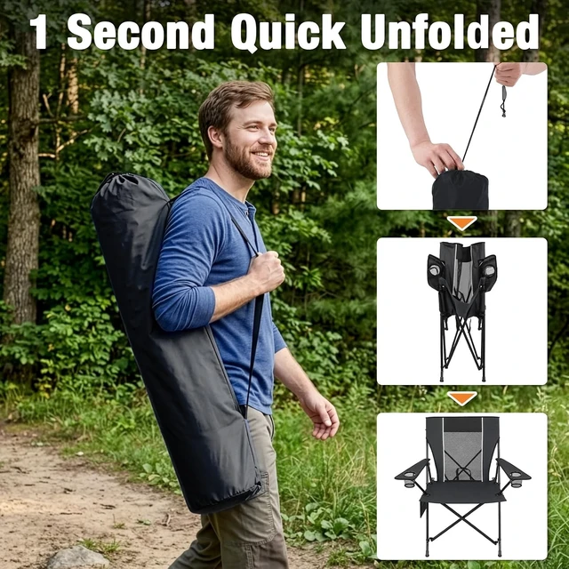 Alt view image 5 of 7 - Heavy Duty Folding Camping Chair for Adults with Dual Cup Holders, Side Pocket & Carry Bag Portable Outdoor Sports Chair for Lawn, Beach, Fishing, Picnic & Tailgating, Black