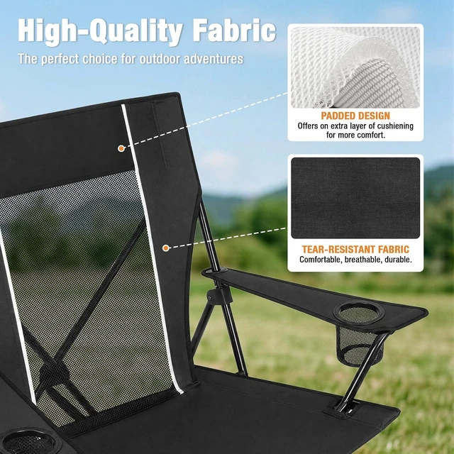 Alt view image 6 of 7 - Heavy Duty Folding Camping Chair for Adults with Dual Cup Holders, Side Pocket & Carry Bag Portable Outdoor Sports Chair for Lawn, Beach, Fishing, Picnic & Tailgating, Black