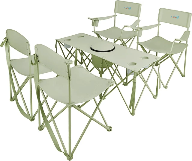 Main image of 5 Pcs Folding Camping Chair & Table Set with Cooler Bag & Cup Holder, Portable Outdoor Picnic Chairs & Camp Table for Camping, Fishing & Sporting Events, Supports 500lbs, Green