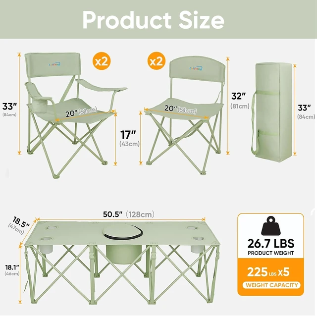 Alt view image 3 of 6 - 5 Pcs Folding Camping Chair & Table Set with Cooler Bag & Cup Holder, Portable Outdoor Picnic Chairs & Camp Table for Camping, Fishing & Sporting Events, Supports 500lbs, Green