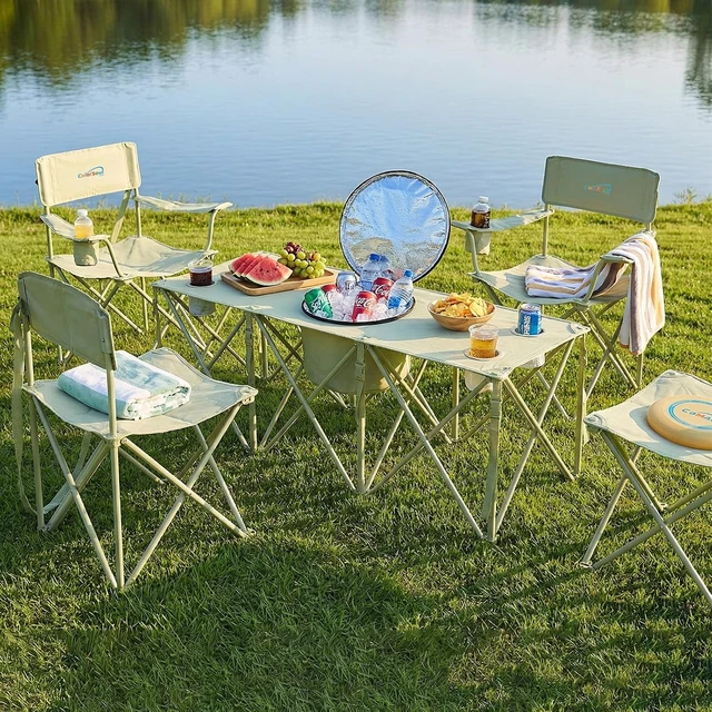 Alt view image 2 of 6 - 5 Pcs Folding Camping Chair & Table Set with Cooler Bag & Cup Holder, Portable Outdoor Picnic Chairs & Camp Table for Camping, Fishing & Sporting Events, Supports 500lbs, Green