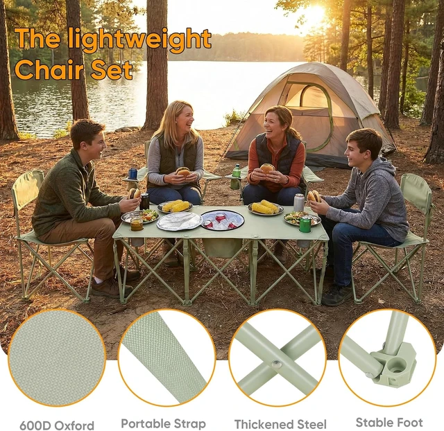 Alt view image 4 of 6 - 5 Pcs Folding Camping Chair & Table Set with Cooler Bag & Cup Holder, Portable Outdoor Picnic Chairs & Camp Table for Camping, Fishing & Sporting Events, Supports 500lbs, Green