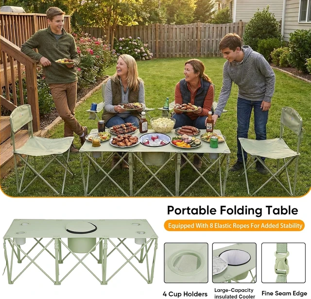 Alt view image 5 of 6 - 5 Pcs Folding Camping Chair & Table Set with Cooler Bag & Cup Holder, Portable Outdoor Picnic Chairs & Camp Table for Camping, Fishing & Sporting Events, Supports 500lbs, Green