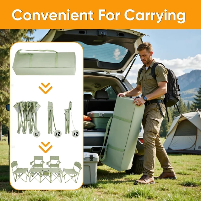 Alt view image 6 of 6 - 5 Pcs Folding Camping Chair & Table Set with Cooler Bag & Cup Holder, Portable Outdoor Picnic Chairs & Camp Table for Camping, Fishing & Sporting Events, Supports 500lbs, Green
