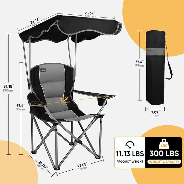 Alt view image 3 of 3 - 2 Pack Folding Camping Chairs with Canopy Shade, Cup Holders, Armrests & Carry Bag for Outdoors, Travel, Sports & Fishing, Black