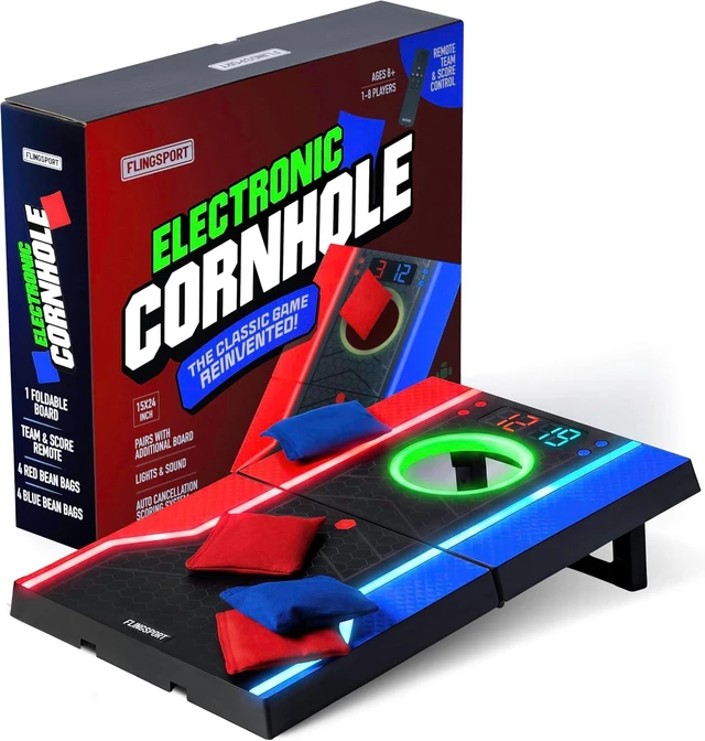 Main image of Electronic Cornhole Board Set with Auto Scoring, Remote & 8 Bean Bags, Ages 8-12