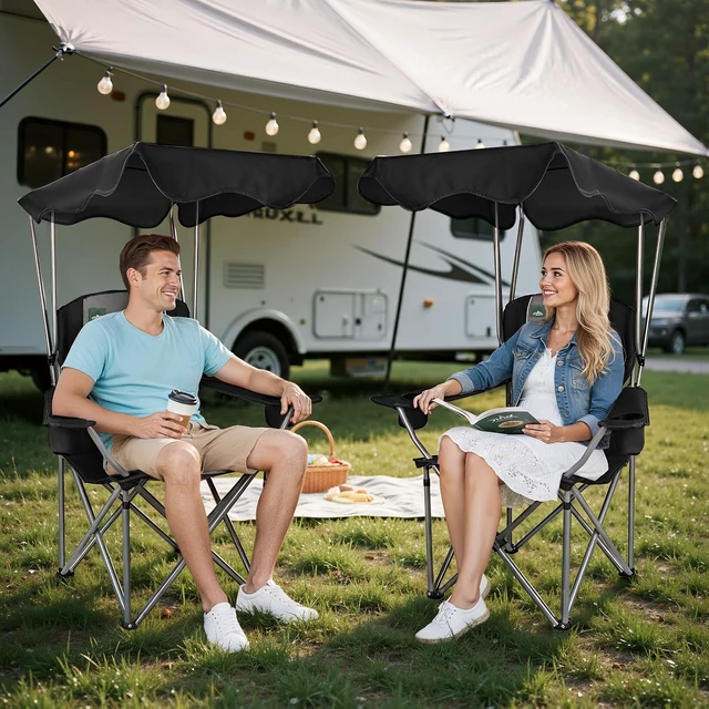 Alt view image 2 of 3 - 2 Pack Folding Camping Chairs with Canopy Shade, Cup Holders, Armrests & Carry Bag for Outdoors, Travel, Sports & Fishing, Black