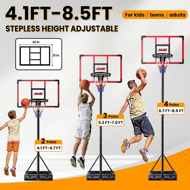 Alt view image 3 of 7 - Portable Basketball Hoop for Kids & Teens with 4.18.5FT Adjustable Height, 32'' Shatterproof Backboard & Fillable Weight Bag Base Outdoor Goal for Backyard & Driveway
