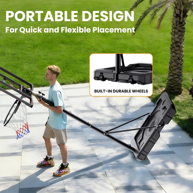 Alt view image 5 of 7 - Portable Basketball Hoop for Kids & Teens with 4.18.5FT Adjustable Height, 32'' Shatterproof Backboard & Fillable Weight Bag Base Outdoor Goal for Backyard & Driveway