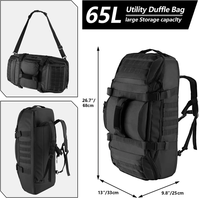 Alt view image 2 of 7 - 65L 3-in-1 Tactical MOLLE Backpack Duffle Bag for Sports, Gym & Outdoor, Black