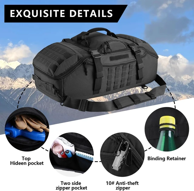 Alt view image 3 of 7 - 65L 3-in-1 Tactical MOLLE Backpack Duffle Bag for Sports, Gym & Outdoor, Black