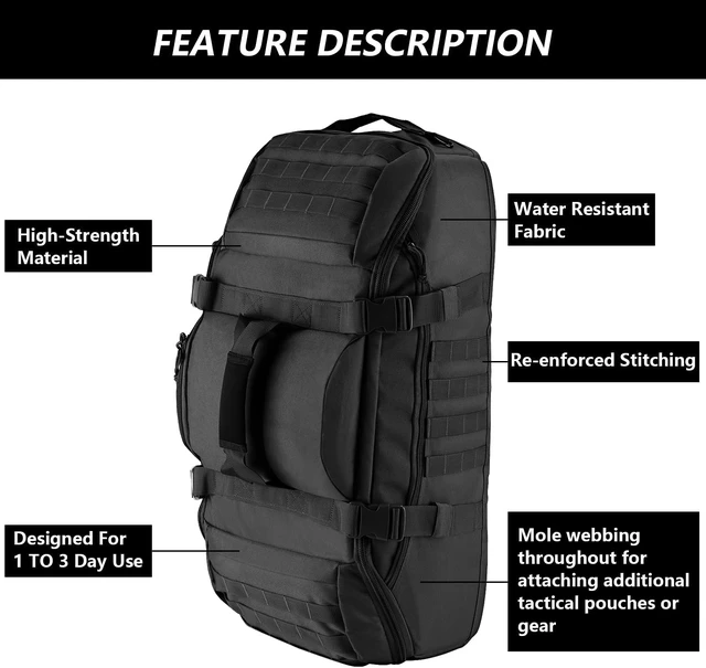 Alt view image 4 of 7 - 65L 3-in-1 Tactical MOLLE Backpack Duffle Bag for Sports, Gym & Outdoor, Black
