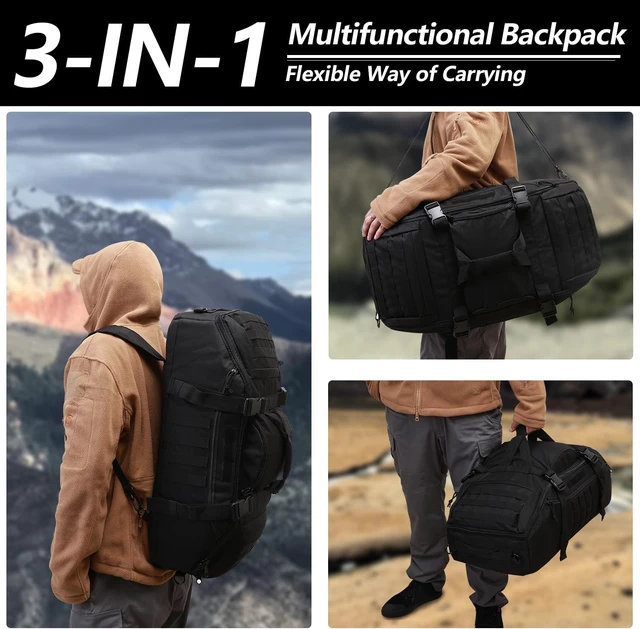 Alt view image 6 of 7 - 65L 3-in-1 Tactical MOLLE Backpack Duffle Bag for Sports, Gym & Outdoor, Black