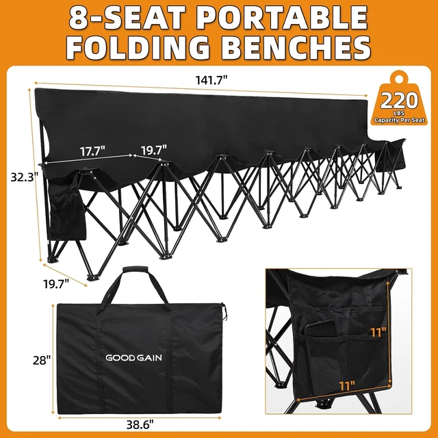 Alt view image 2 of 7 - Portable 8-Seat Team Soccer Bench with Bag, Black