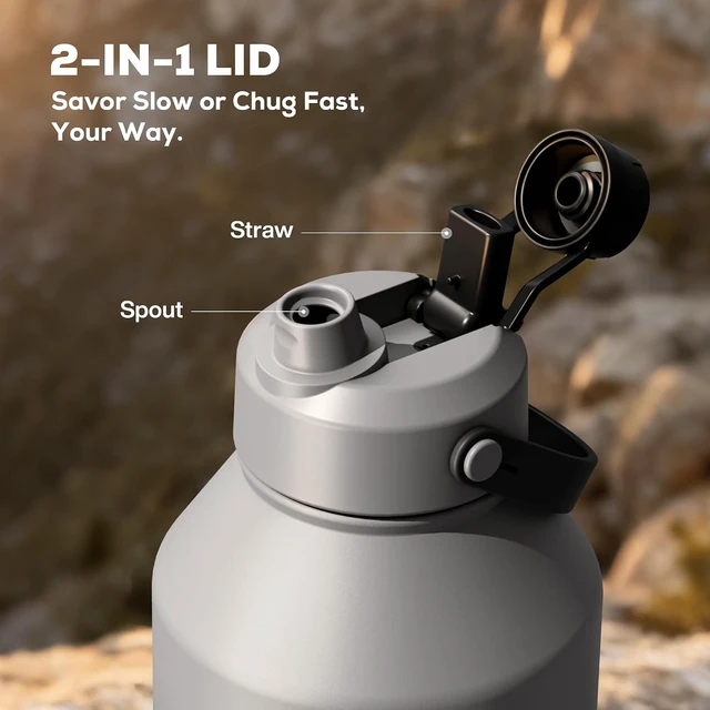 Alt view image 3 of 7 - 64 oz Insulated Stainless Steel Sport Water Bottle with 2-in-1 Straw & Spout Lid, Keeps Cold 48H, Leakproof, Carrier Bag for Men, Fitness, Outdoors, Gym & Travel (Obsidian)