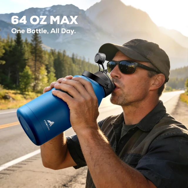 Alt view image 6 of 7 - 64 oz Insulated Stainless Steel Sport Water Bottle with 2-in-1 Straw & Spout Lid, Keeps Cold 48H, Leakproof, Carrier Bag for Men, Fitness, Outdoors, Gym & Travel (Obsidian)