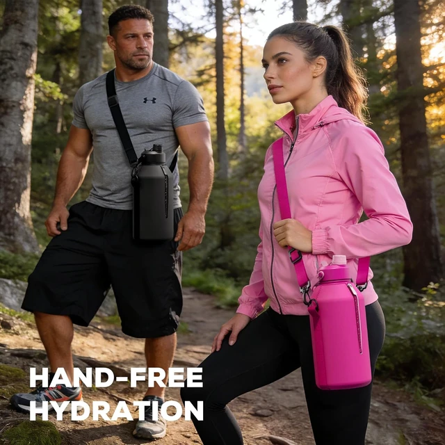Alt view image 5 of 7 - 64 oz Insulated Stainless Steel Sport Water Bottle with 2-in-1 Straw & Spout Lid, Keeps Cold 48H, Leakproof, Carrier Bag for Men, Fitness, Outdoors, Gym & Travel (Obsidian)