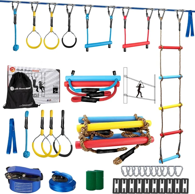 Main image of Ninja Warrior Obstacle Course for Kids 2 x 56FT Slackline Kit with 8 Obstacles