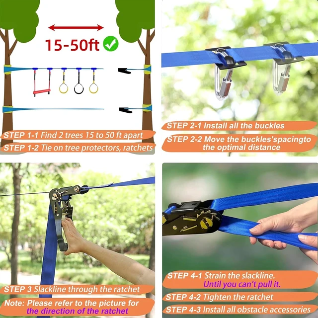 Alt view image 5 of 7 - Ninja Warrior Obstacle Course for Kids 2 x 56FT Slackline Kit with 8 Obstacles