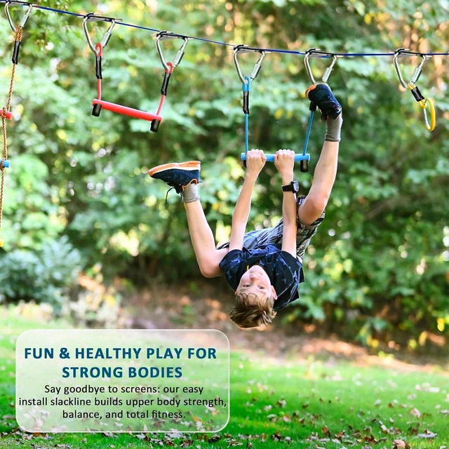 Alt view image 6 of 7 - Ninja Warrior Obstacle Course for Kids 2 x 56FT Slackline Kit with 8 Obstacles
