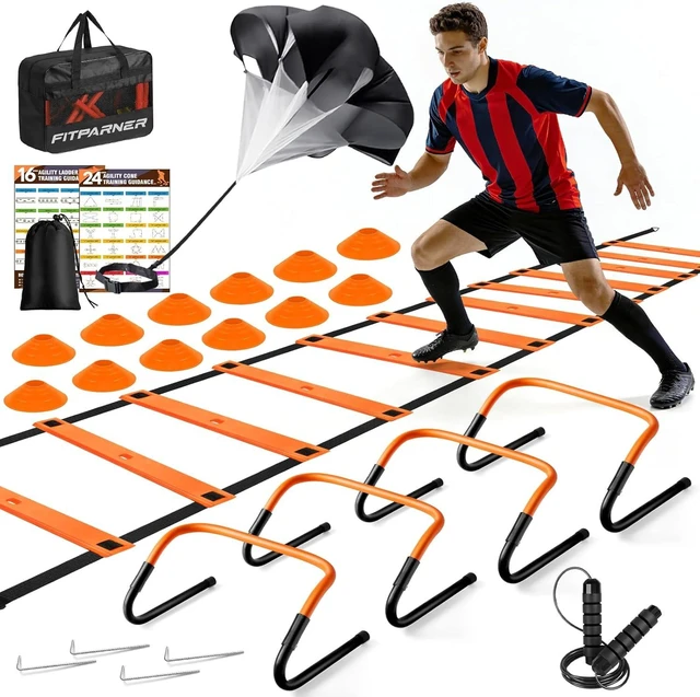 Main image of Soccer Football Agility Training Set 20ft Speed Ladder, 4 Hurdles, Parachute, 12 Cones & Jump Rope