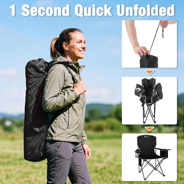 Alt view image 6 of 7 - 2Pcs Lightweight Folding Camping Chairs for Adults with 4-Can Cooler Bag & Cup Holder, Collapsible Portable Outdoor Chair for Tailgating, Beach & Fishing, Black