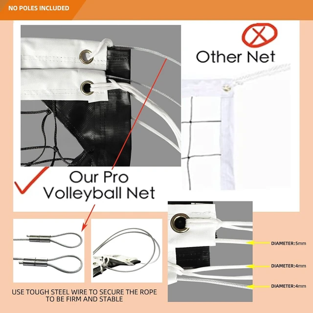 Alt view image 4 of 7 - 32x3 FT Heavy Duty Professional Volleyball Replacement Net with Steel Cable & Reinforced Dowels, 4" Square Mesh for Indoor/Outdoor, Backyard, Beach, Court, Pool, Park, School & Drills