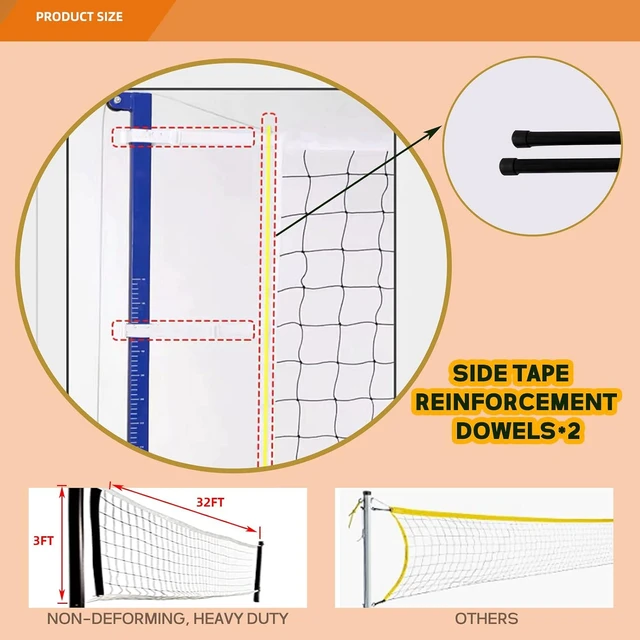 Alt view image 5 of 7 - 32x3 FT Heavy Duty Professional Volleyball Replacement Net with Steel Cable & Reinforced Dowels, 4" Square Mesh for Indoor/Outdoor, Backyard, Beach, Court, Pool, Park, School & Drills