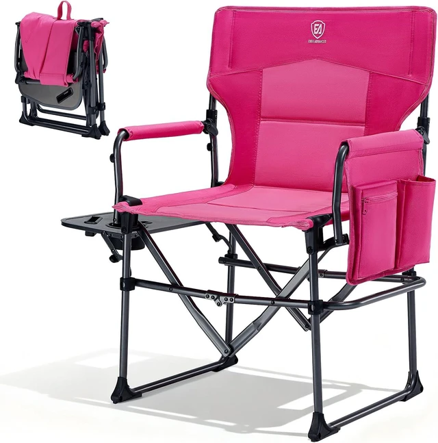 Main image of Heavy Duty Portable Folding Camping Directors' Chair with Side Table & Pocket, Compact for Camping, Lawn, Sports & Fishing, 400lbs, Pink