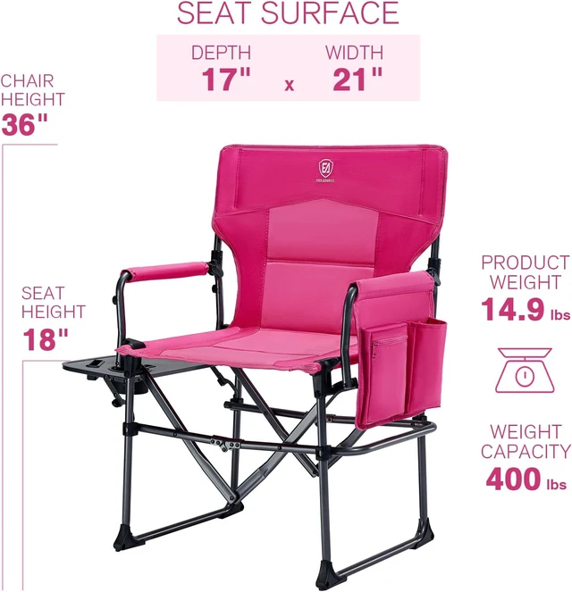 Alt view image 3 of 7 - Heavy Duty Portable Folding Camping Directors' Chair with Side Table & Pocket, Compact for Camping, Lawn, Sports & Fishing, 400lbs, Pink