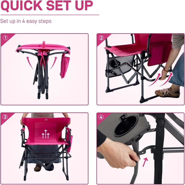 Alt view image 6 of 7 - Heavy Duty Portable Folding Camping Directors' Chair with Side Table & Pocket, Compact for Camping, Lawn, Sports & Fishing, 400lbs, Pink