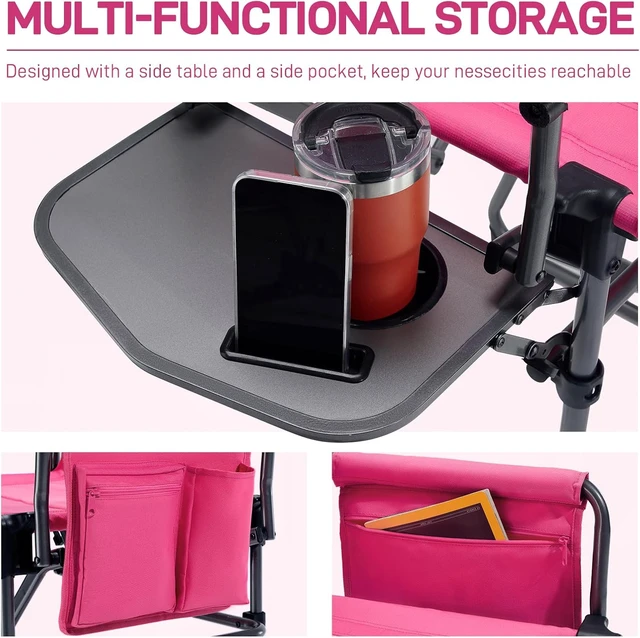 Alt view image 7 of 7 - Heavy Duty Portable Folding Camping Directors' Chair with Side Table & Pocket, Compact for Camping, Lawn, Sports & Fishing, 400lbs, Pink