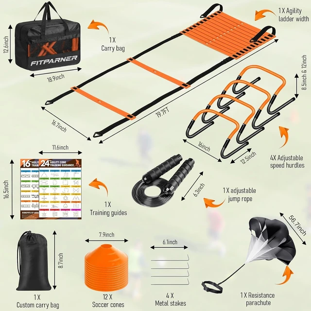 Alt view image 2 of 7 - Soccer Football Agility Training Set 20ft Speed Ladder, 4 Hurdles, Parachute, 12 Cones & Jump Rope