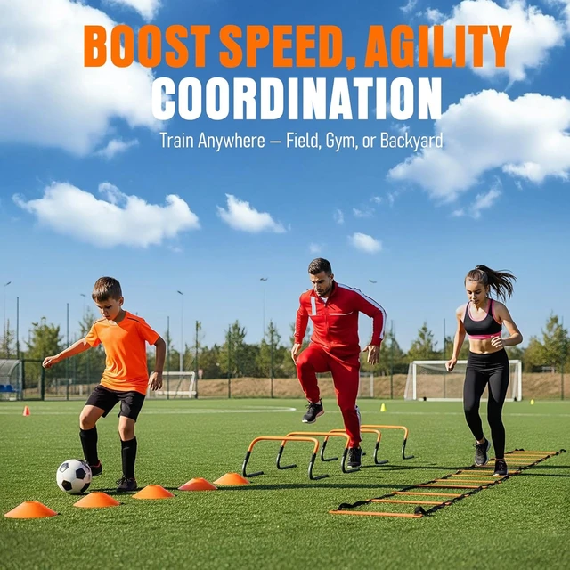 Alt view image 3 of 7 - Soccer Football Agility Training Set 20ft Speed Ladder, 4 Hurdles, Parachute, 12 Cones & Jump Rope
