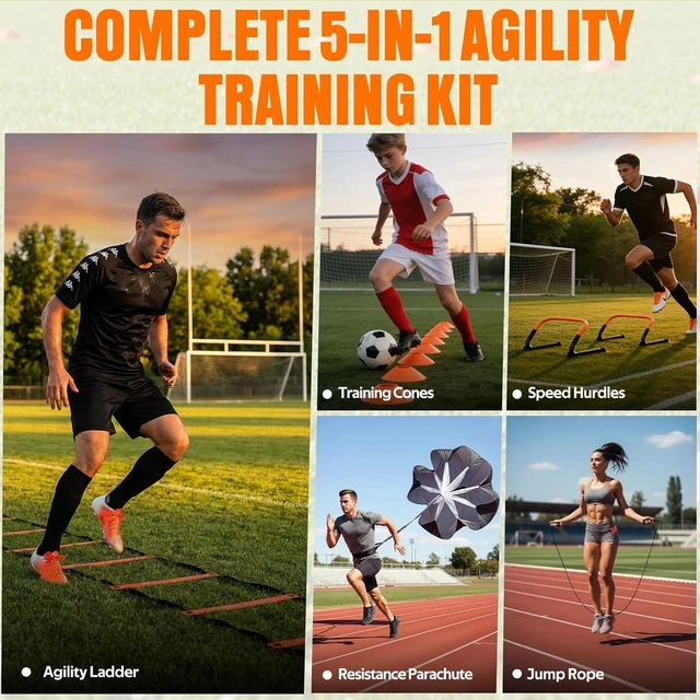 Alt view image 4 of 7 - Soccer Football Agility Training Set 20ft Speed Ladder, 4 Hurdles, Parachute, 12 Cones & Jump Rope