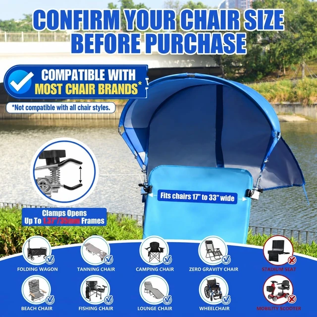 Alt view image 4 of 7 - XL Universal Wind-Resistant Chair Umbrella Canopy, Extra Large Foldable UPF 50+ Sun Shade with Adjustable Clamp, Fits Most Beach, Camping, Lawn, Sports & Zero Gravity Chairs, Patented