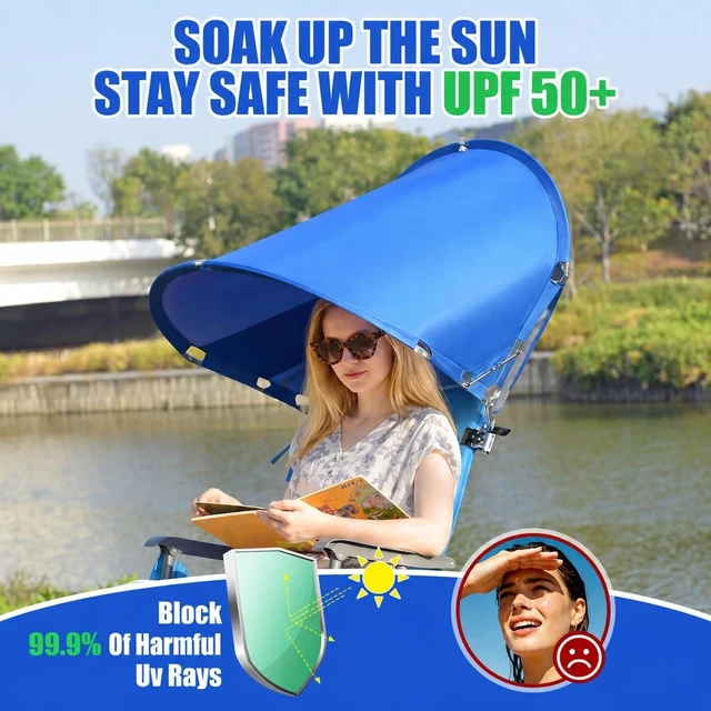 Alt view image 6 of 7 - XL Universal Wind-Resistant Chair Umbrella Canopy, Extra Large Foldable UPF 50+ Sun Shade with Adjustable Clamp, Fits Most Beach, Camping, Lawn, Sports & Zero Gravity Chairs, Patented