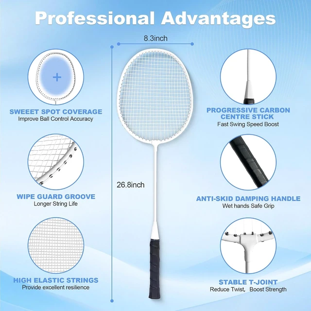 Alt view image 4 of 6 - Portable Outdoor Badminton Set with Official 20ft x 5ft Anti-Sag Net, 4 Rackets, 3 Shuttlecocks & Carry Bag for Backyard, Lawn or Beach Fun