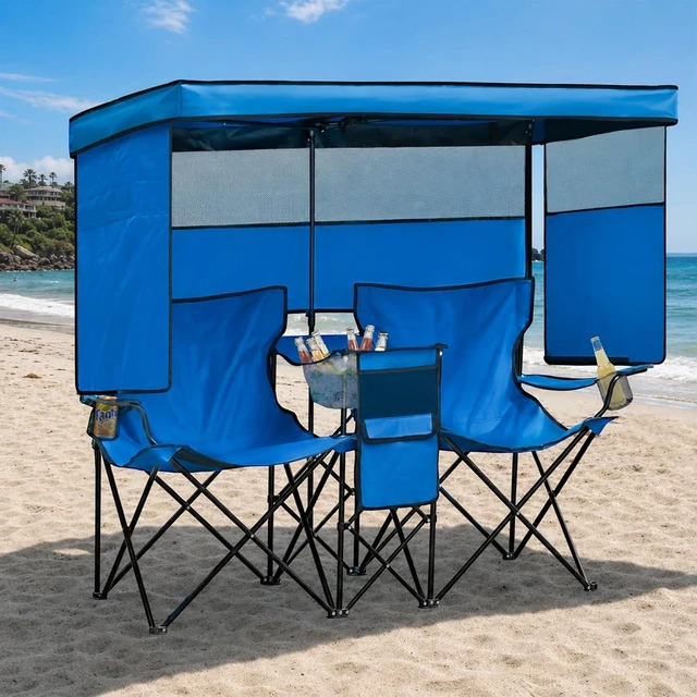 Main image of Oversized Double Beach Chair with Canopy Shade, Cooler Bag & Cup Holder Folding Camping Loveseat for Camp, Fishing & Beach
