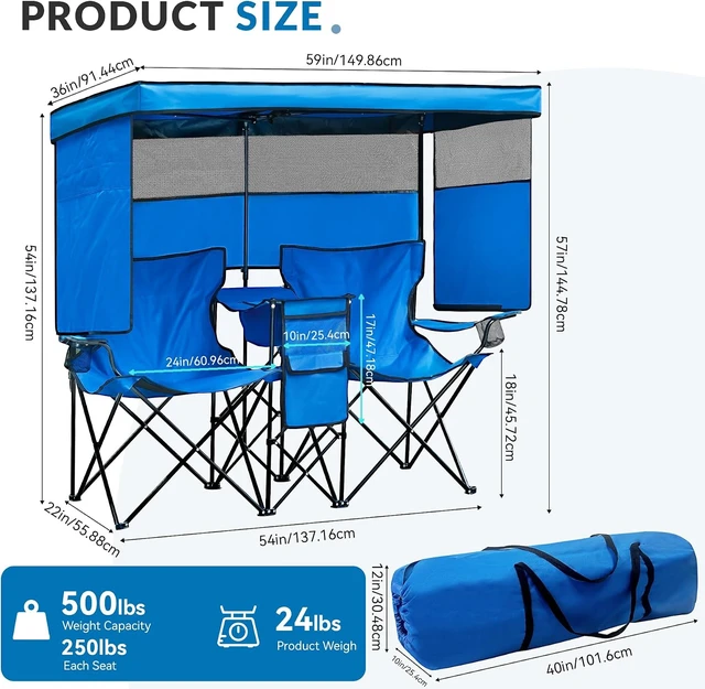 Alt view image 2 of 7 - Oversized Double Beach Chair with Canopy Shade, Cooler Bag & Cup Holder Folding Camping Loveseat for Camp, Fishing & Beach